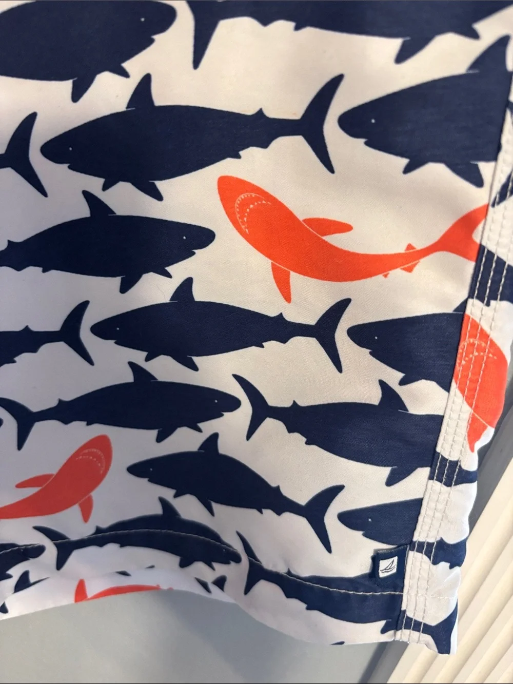 Sperry Men's Shark-Print Swim Trunks - Navy & Orange, size 34